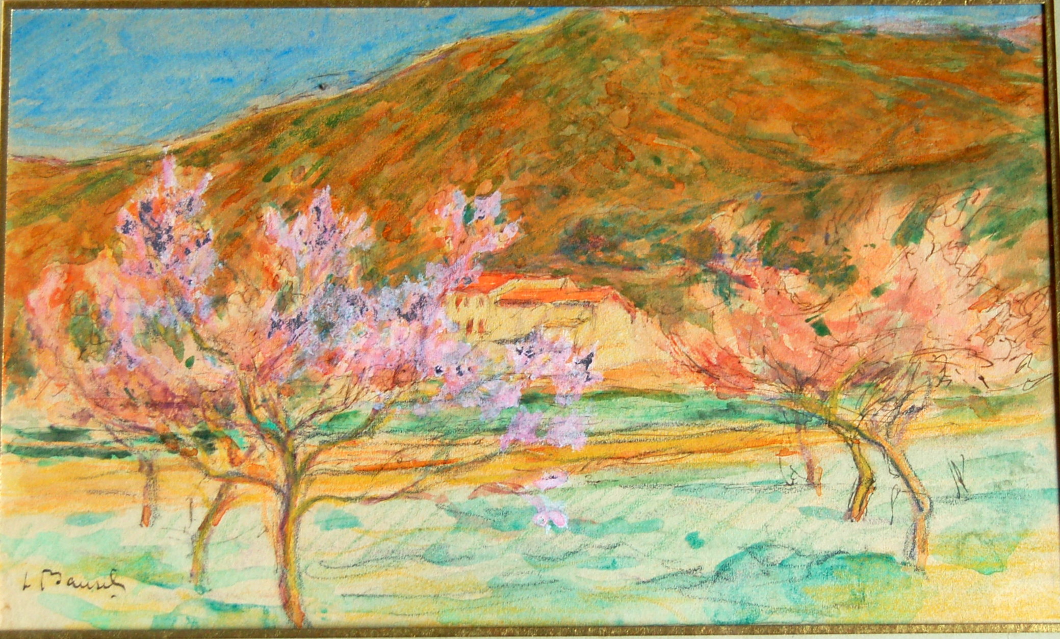 Louis BAUSIL ( 1876-1945) aquarelle paysage pécher en fleurs