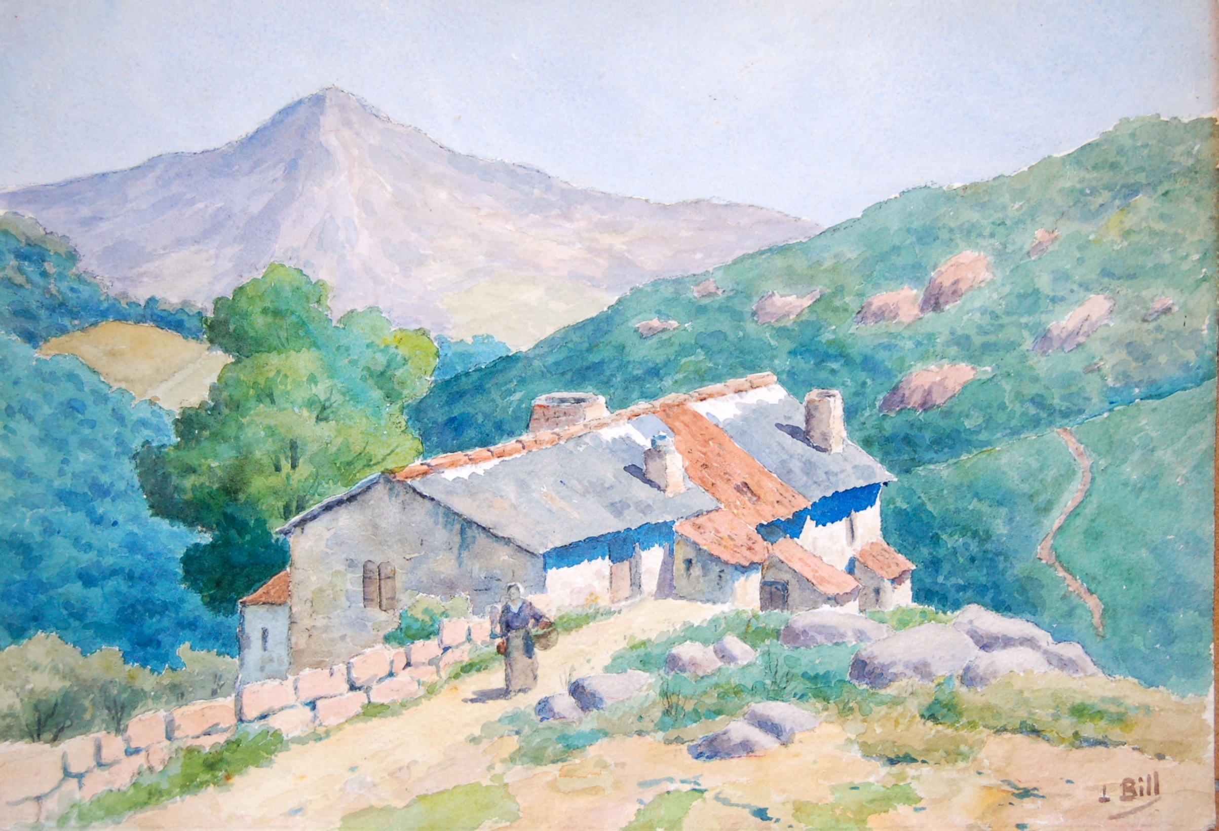 LINA BILL (1855-1936)  Mas Catalan La Preste Vallespir Aquarelle animée