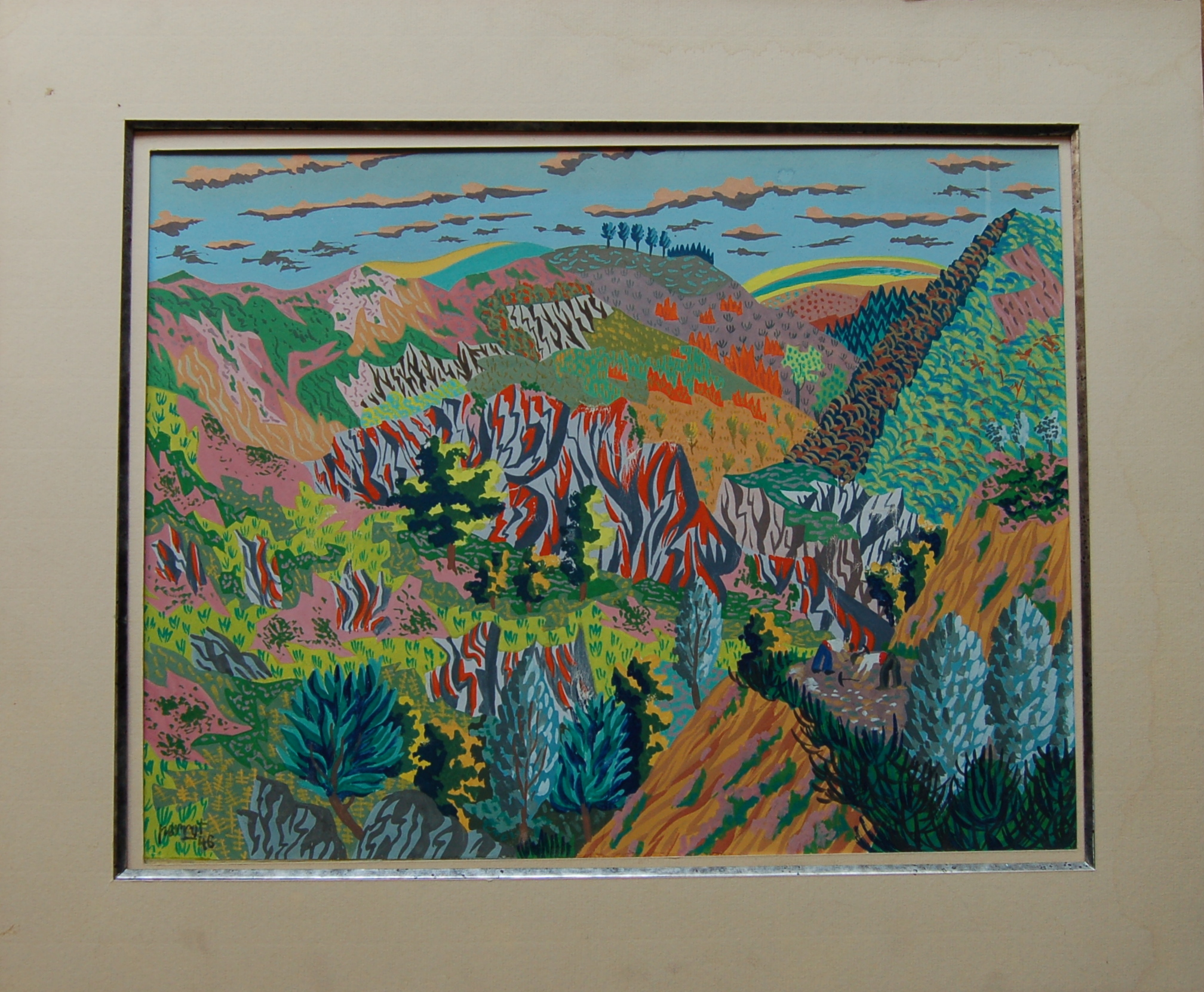 René PERROT (1912-1979) gouache paysage animé