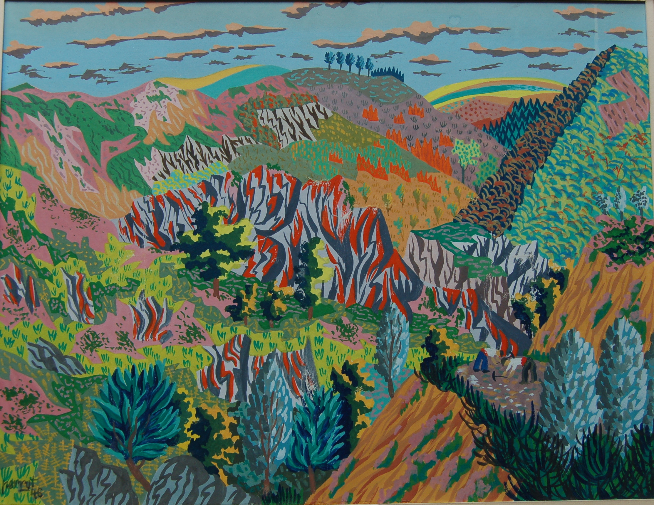 René PERROT (1912-1979) gouache paysage animé
