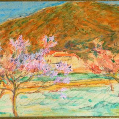 Louis BAUSIL ( 1876-1945) aquarelle paysage pécher en fleurs