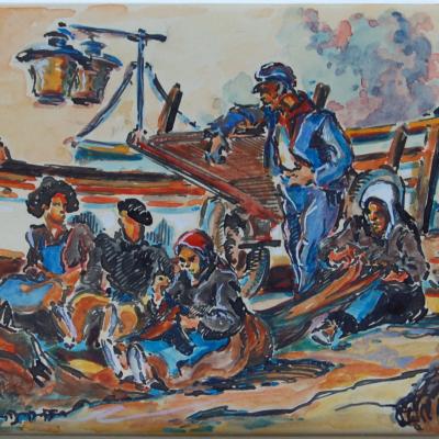 Etienne GONY (1911-1975) Collioure scène de la vie des pêcheurs sur la plage 1951